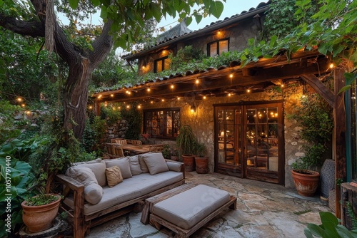 Cozy outdoor seating area in a charming garden at dusk with warm lights and l...