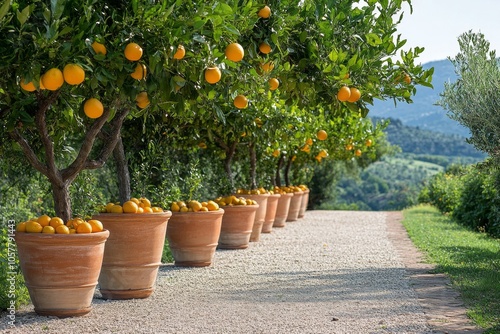 Lush orange trees in terracotta pots line a scenic pathway in a beautiful cou...