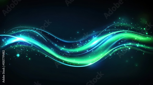 Abstract glowing wave with sparkles on a dark background.
