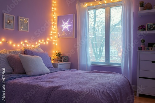 Cozy purple bedroom decorated with fairy lights, featuring a comfortable bed ...