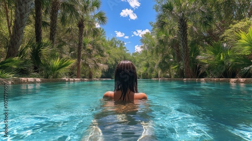 Tranquil swimming pool surrounded by lush greenery in a tropical paradise on ...