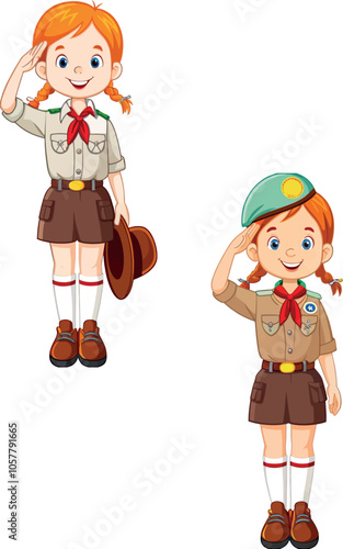 Two girl scouts saluting while wearing uniform and holding hat