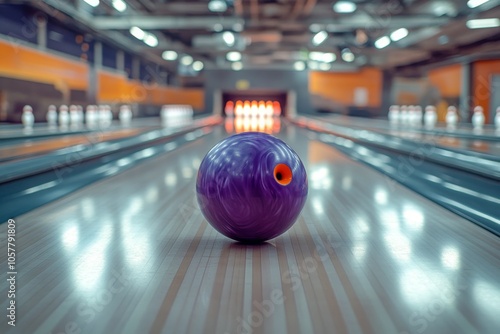Bright bowling ball resting on the lane in a vibrant bowling alley during eve...