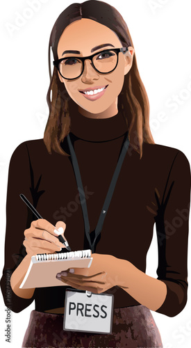 Smiling journalist writing notes on notepad wearing press pass