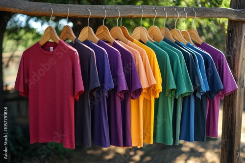 Colorful display of shirts hanging on a wooden rack in a sunny outdoor setting