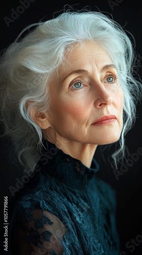 Elegant portrait of an older woman with gray hair gazing thoughtfully in soft...