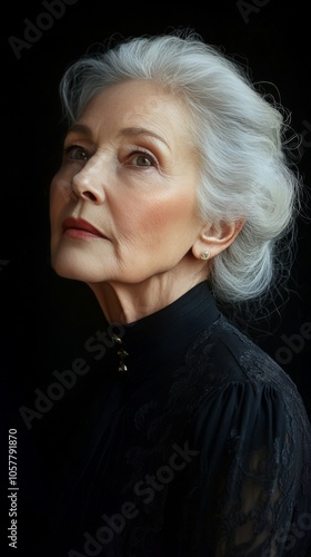 Elegant portrait of an older woman with gray hair gazing thoughtfully in soft...