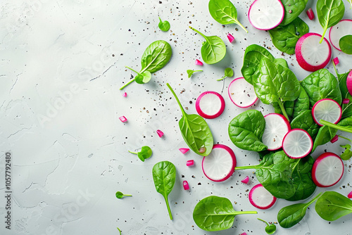 Fresh Sliced Radishes and Baby Spinach on White Background photo