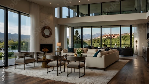 A stunning living room décor in a brand-new, opulent house with an open floor plan. displays the dining area, kitchen, and window wall with a stunning view outside.