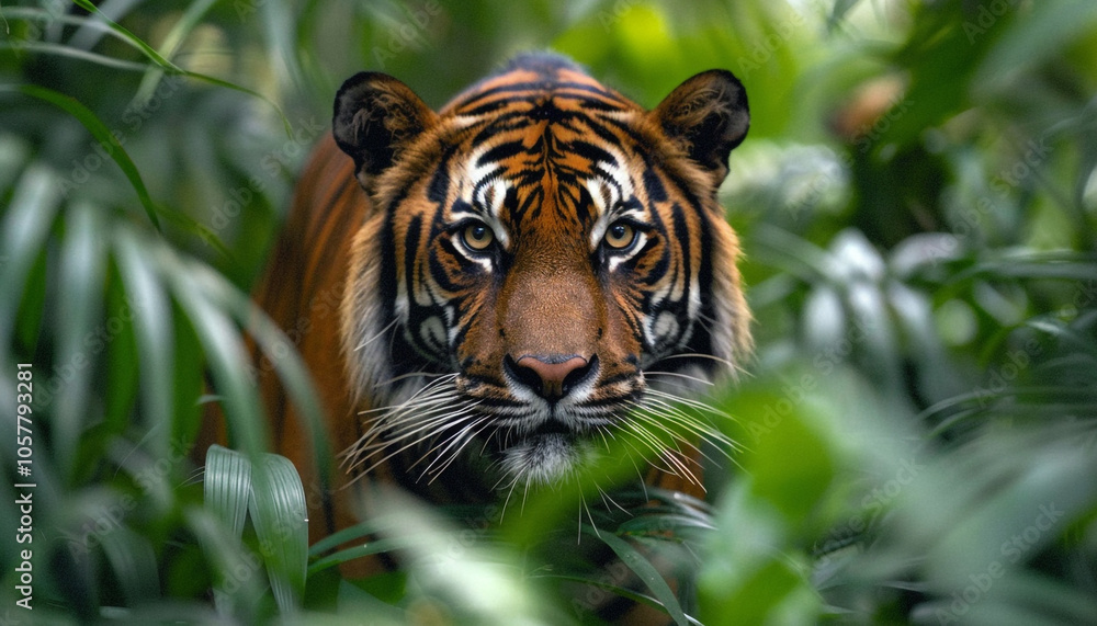 Fototapeta premium Majestic Tiger in Lush Green Jungle with Blank Space