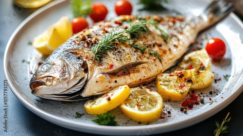 Grilled fish with lemon, rosemary, and cherry tomatoes on a white plate.