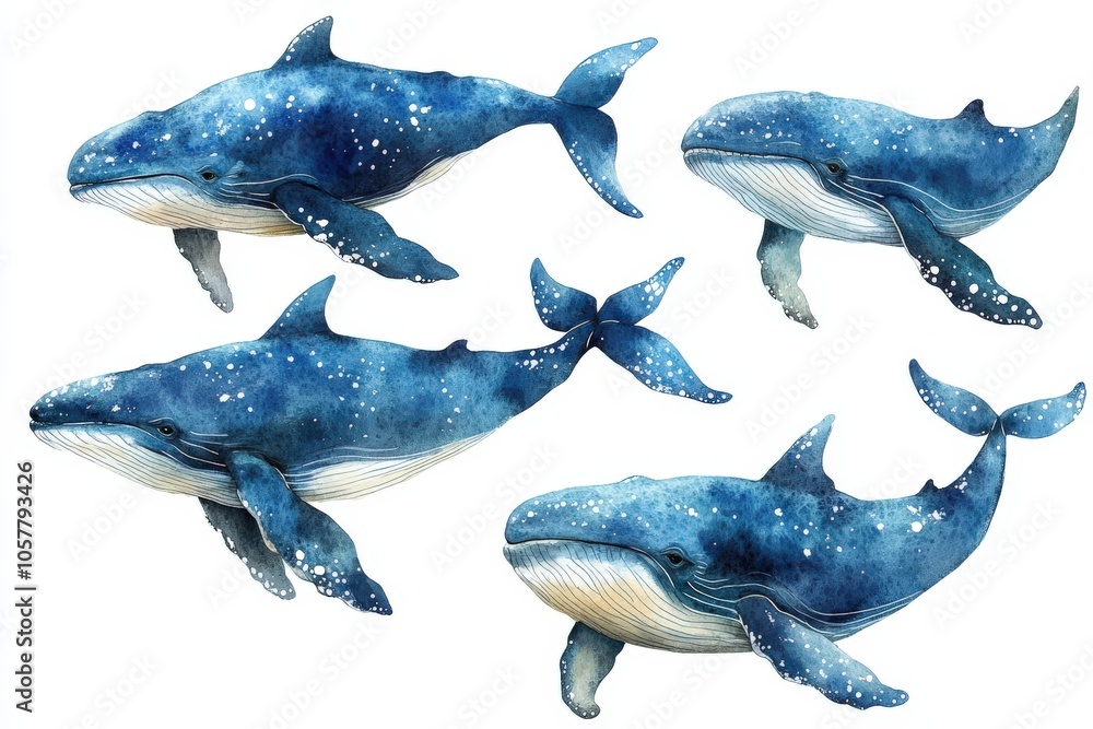 Fototapeta premium A watercolor illustration of four whales showcasing their beauty and grace.