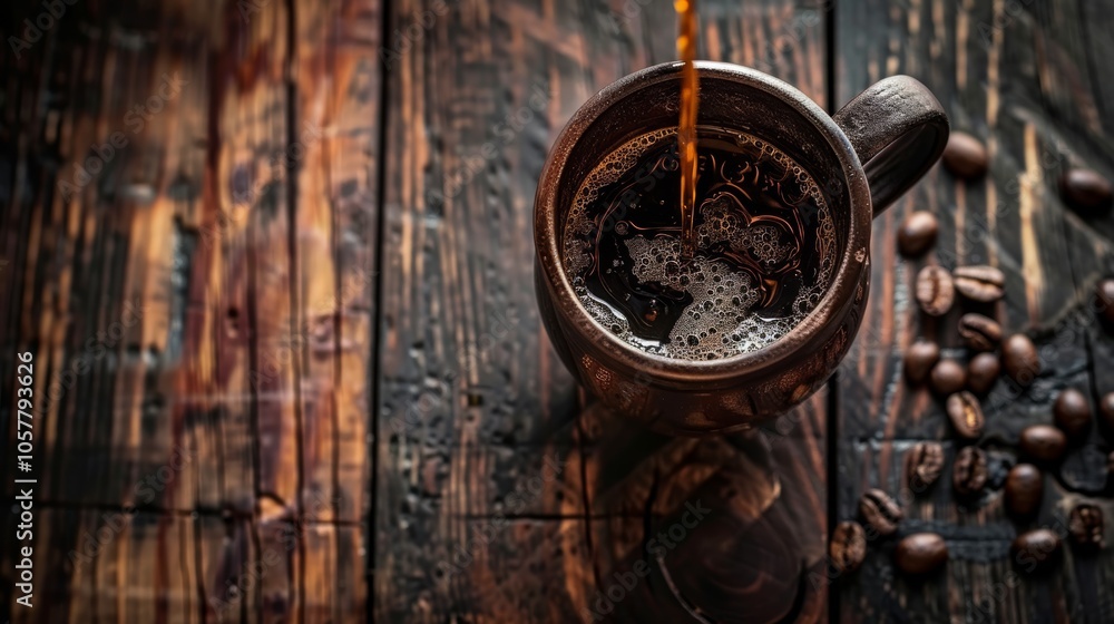 Top view of hot coffee filling a rustic mug, wooden table background, Top view of hot coffee filling a rustic mug, wooden table background,