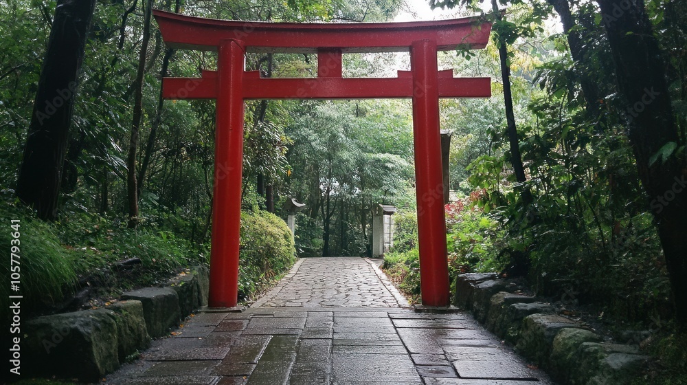 A traditional red Torii gate, a Japanese archway, stands at the entrance to a shrine in a lush forest. The path leading through the gate is paved with stone and surrounded by greenery. A traditional red Torii gate, a Japanese archway, stands at the entrance to a shrine in a lush forest. The path leading through the gate is paved with stone and surrounded by greenery.