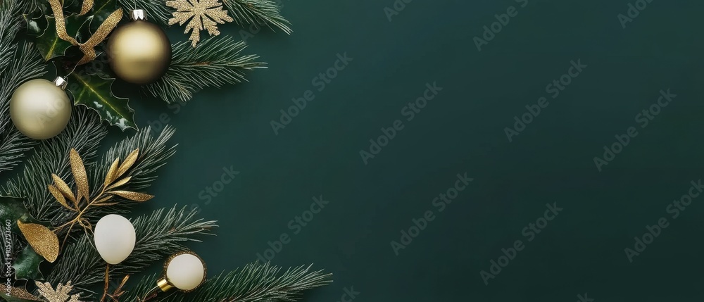 Festive Christmas Decor with Ornaments and Pine Branches on Emerald Green Background Festive Christmas Decor with Ornaments and Pine Branches on Emerald Green Background