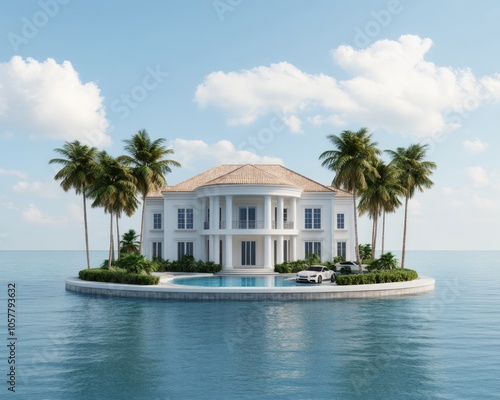 A luxurious white mansion with a swimming pool sits on a small island in the middle of the ocean, surrounded by palm trees.