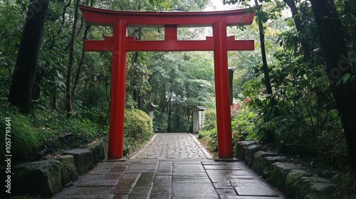 A traditional red Torii gate, a Japanese archway, stands at the entrance to a shrine in a lush forest. The path leading through the gate is paved with stone and surrounded by greenery.