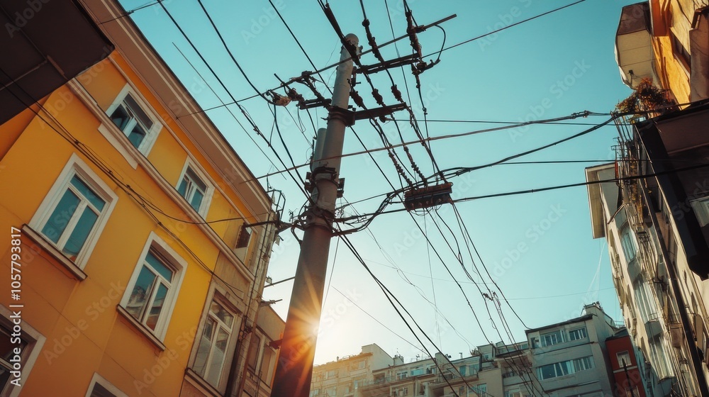 A low angle view of a utility pole with power lines and wires against a blue sky and buildings. A low angle view of a utility pole with power lines and wires against a blue sky and buildings.