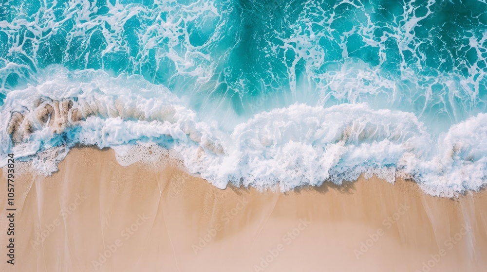 Top view of serene beach waves gently lapping against the shore with ample copy space