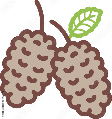 Mulberry Illustration with Leaves in Detail, Detailed illustration of two mulberries with a green leaf, showcasing their dark purple color and textured surface in a graphic style.
