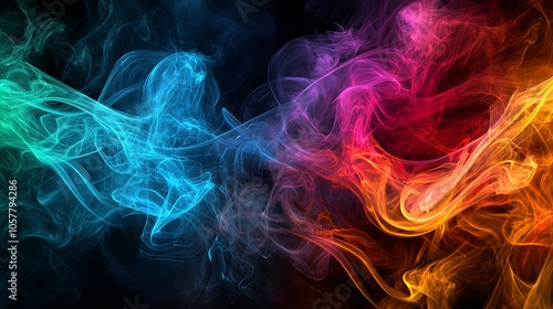 a?? Vibrant Abstract Smoke Art with a Blend of Bold and Soft Hues, Evoking Movement and Flow.