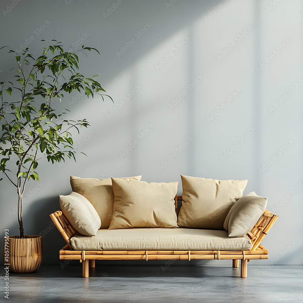 stylish bamboo sofa with beige cushions, complemented by potted plant, creates serene and inviting atmosphere in modern interior stylish bamboo sofa with beige cushions, complemented by potted plant, creates serene and inviting atmosphere in modern interior