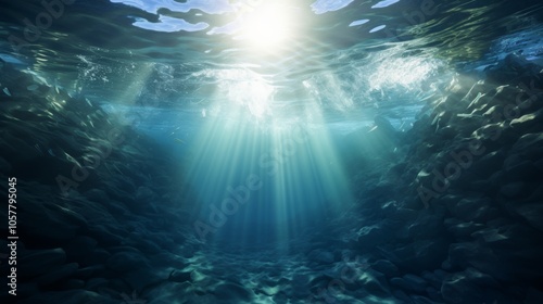 Underwater view of ocean surface, light beams shining through water