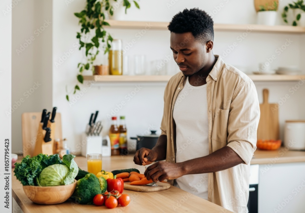 Black man preparing fresh vegetables in modern kitchen with wooden shelves. Black man preparing fresh vegetables in modern kitchen with wooden shelves.