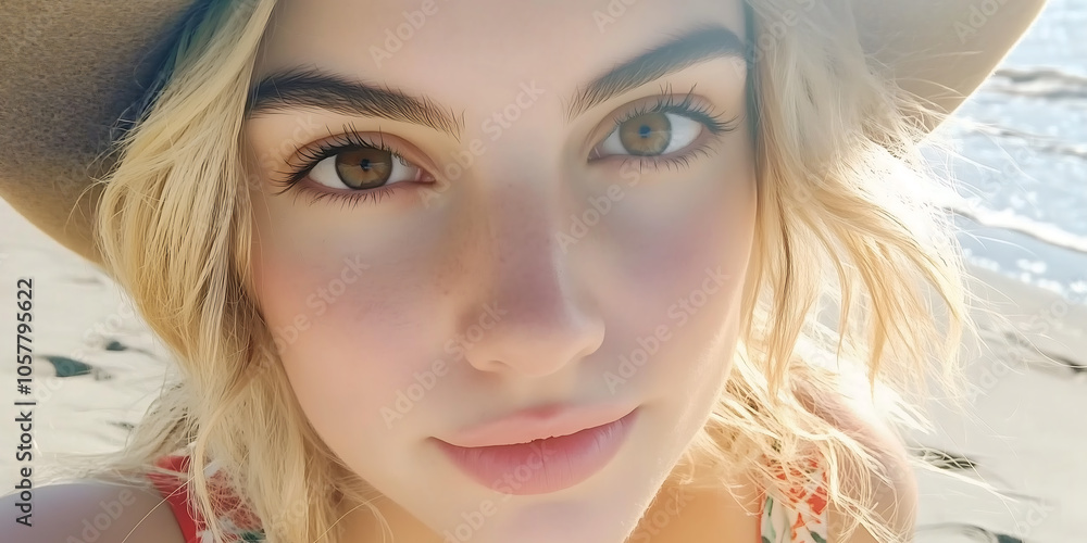 Selfie Close Up on Face of Blonde Woman in Cowboy Hat on Beach with Ocean View Selfie Close Up on Face of Blonde Woman in Cowboy Hat on Beach with Ocean View
