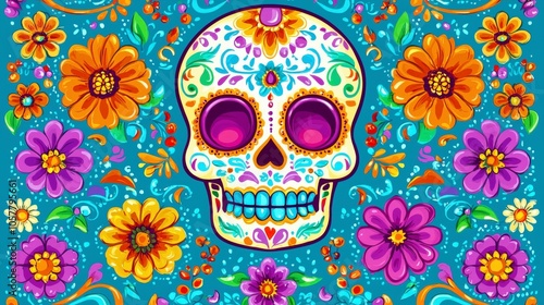 Colorful Neon Sugar Skull with Floral Design