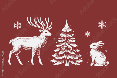 Deer, Christmas tree and hare. Winter Christmas vintage set. Vector illustration print, white on red