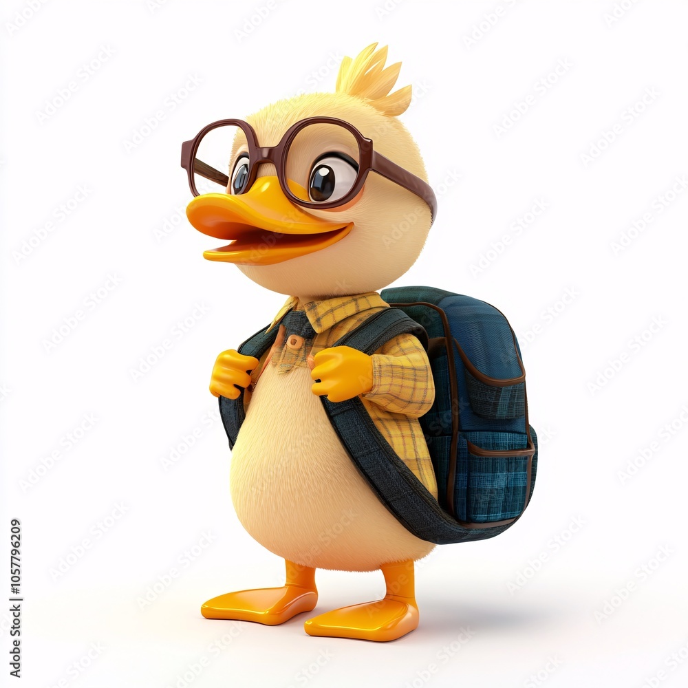 Obraz premium Charming 3D Duck Heading to School on White Background