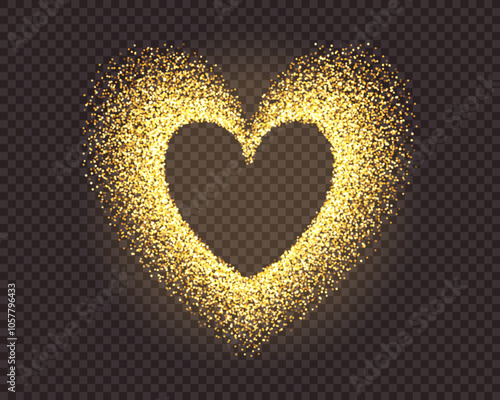 Gold dust glamorous heart shape frame with overlay effect and transparency. Glitz starry sand sprayed with empty space inside. Vector illustration