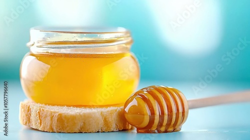 Golden honey in a jar with a wooden dipper rests on a slice of bread, AI