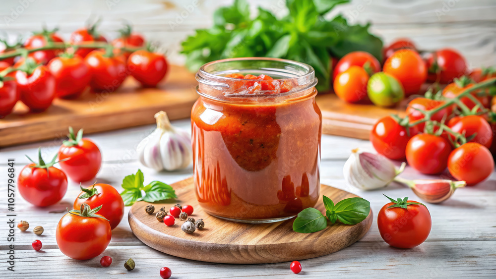 sun-dried tomatoes or tomato sauce in glass jar on table against white stylish kitchen background, food, seasonal autumn vegetables, preparations, canning, cooking, culinary sun-dried tomatoes or tomato sauce in glass jar on table against white stylish kitchen background, food, seasonal autumn vegetables, preparations, canning, cooking, culinary