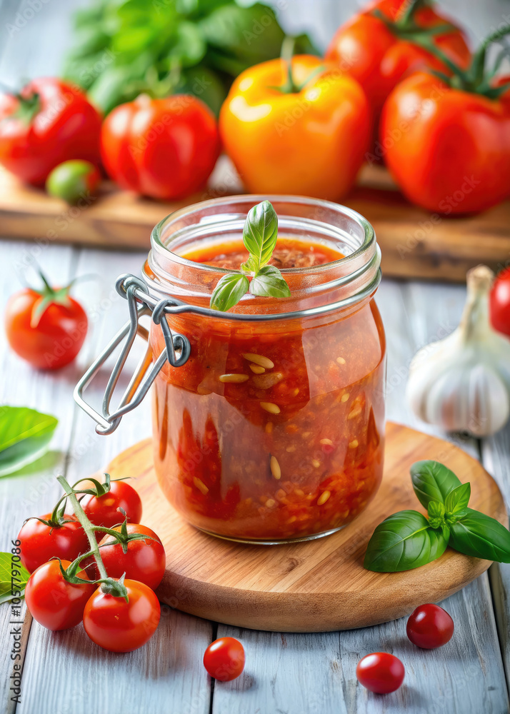 sun-dried tomatoes or tomato sauce in glass jar on table against white stylish kitchen background, food, seasonal autumn vegetables, preparations, canning, cooking, culinary sun-dried tomatoes or tomato sauce in glass jar on table against white stylish kitchen background, food, seasonal autumn vegetables, preparations, canning, cooking, culinary