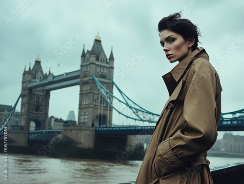  Stylish Woman in Trench Coat Posing by Tower Bridge.