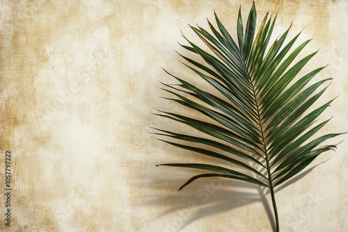 A single palm leaf casting intricate shadows on a textured beige background i...