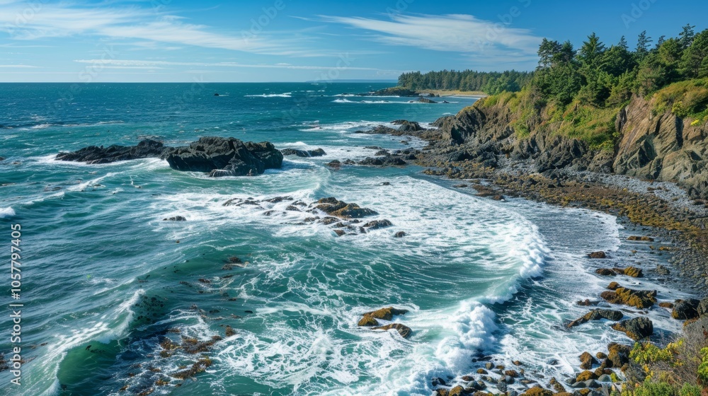 Waves breaking on rocky beach from high above, northern coastal scenery, bright and clear day Waves breaking on rocky beach from high above, northern coastal scenery, bright and clear day