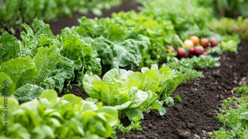 Well-tended organic garden bed featuring rows of healthy, green plants with colorful vegetables and fruits visible among the foliage.