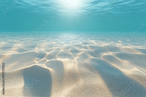 Sunlight glimmers on the sandy ocean floor in a peaceful underwater setting