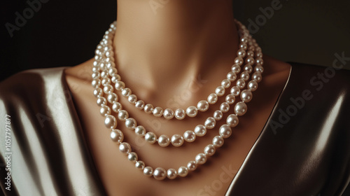 Close-up of a woman’s neck adorned with multi-layered pearl necklaces