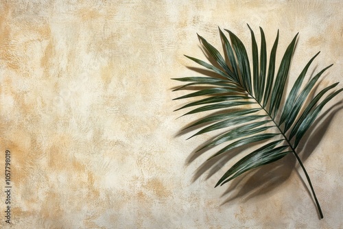A single palm leaf casting intricate shadows on a textured beige background i...