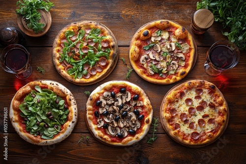 A delightful assortment of various pizzas on wooden platters with salad and d...