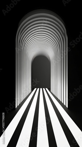 A minimalist corridor with bold stripes and arched ceiling design in monochro...