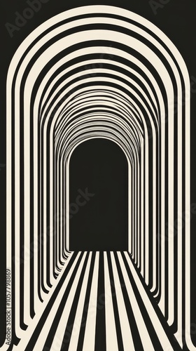 A minimalist corridor with bold stripes and arched ceiling design in monochro...