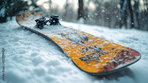 Snowboard resting on a snowy path under a beautiful sunset near a forest in w...