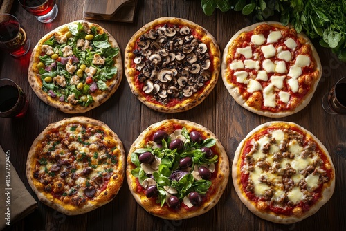 A delightful assortment of various pizzas on wooden platters with salad and d...