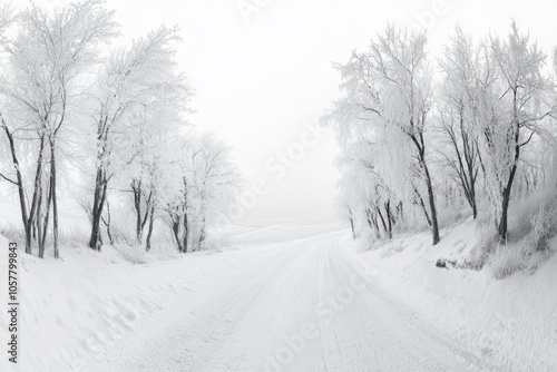 Black and white panorama of icy road with frost covered trees