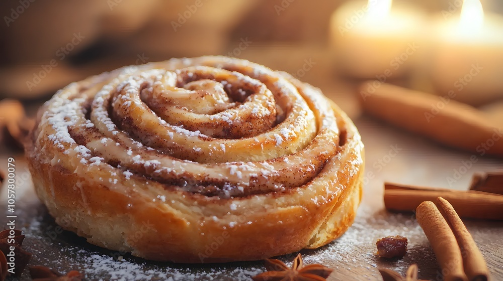 Cinnamon bun with rich icing on kitchen table. Classic pastries and inviting food moments Cinnamon bun with rich icing on kitchen table. Classic pastries and inviting food moments